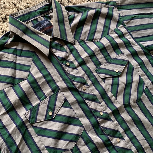 Vintage Wrangler Long Tail Mens Snap Button Western Grey Green Blue Stripe Shirt - Picture 8 of 13